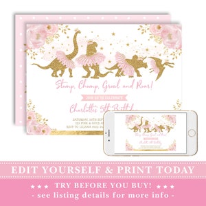 May include: A pink and gold dinosaur-themed birthday invitation. The design features dinosaur silhouettes in tutus, with the text "Stomp, Chomp, Growl and Roar!". The invitation is displayed on a smartphone screen.