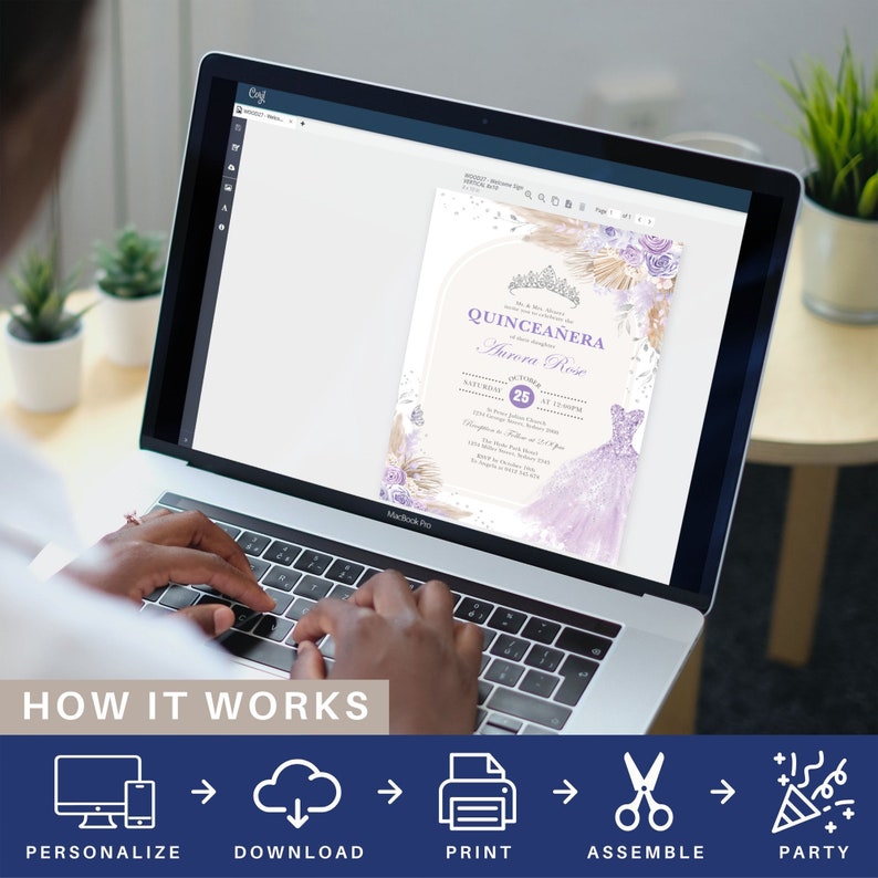May include: A digital design for a Quincea&ntilde;era invitation with a purple and silver dress, floral accents, and the text "QUINCEA&Ntilde;ERA Aurora Rose" and "25 October".