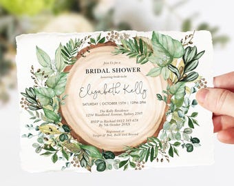 Vintage Greenery Bridal Shower Invitation, Forest Wedding Digital Download, Editable Template, GR2