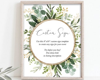 EDITABLE Eucalyptus Bridal Shower Sign Template, DIY Greenery Gold Baby Shower Welcome Sign, Botanical Wedding Decor Instant Download, GR3