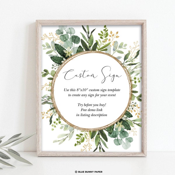 EDITABLE Eucalyptus Bridal Shower Sign Template, DIY Greenery Gold Baby Shower Welcome Sign, Botanical Wedding Decor Instant Download, GR3