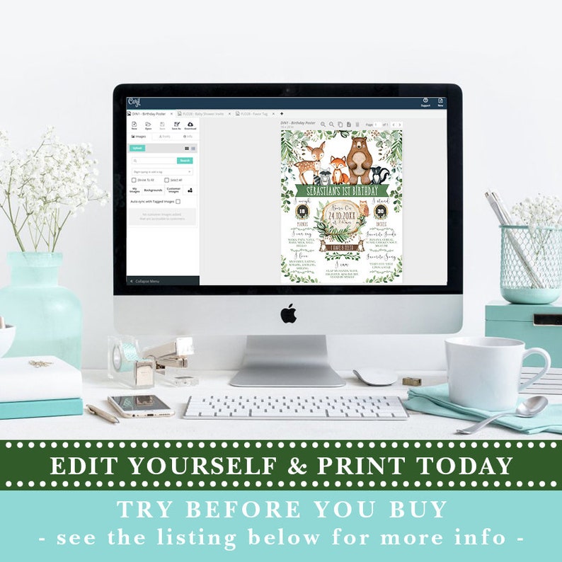May include: Editable printable poster for a first birthday party with a woodland theme. The poster features a green background with illustrations of a bear, fox, deer, and raccoon. The text on the poster says "Roar On Sebastian's 1st Birthday 24.10.2023".