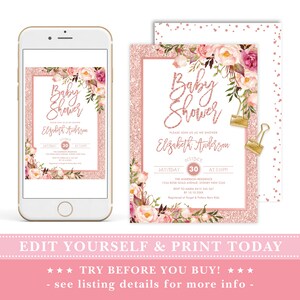 May include: A pink and gold glitter baby shower invitation with floral illustrations. The invitation reads "Baby Shower" and includes the name "Elizabeth Anderson" and the date "October 30".