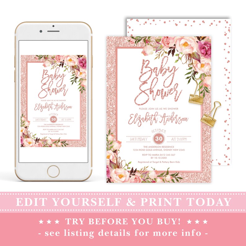 May include: A pink and gold glitter baby shower invitation with floral illustrations. The invitation reads "Baby Shower" and includes the name "Elizabeth Anderson" and the date "October 30".