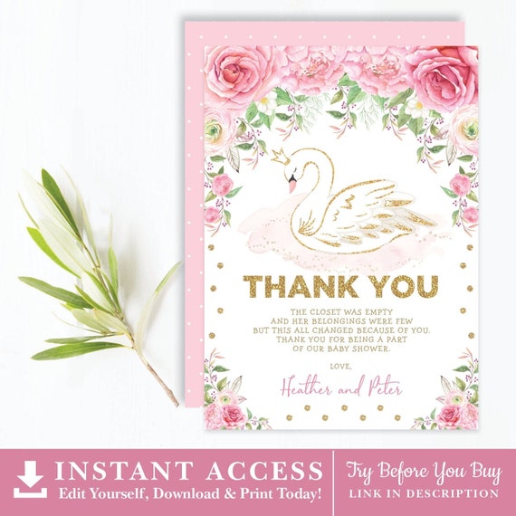 EDITABLE Swan Princess Thank You Card. Pink Gold Floral Baby.