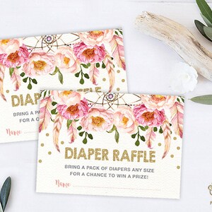 Tombola de couches florales roses. Carte d'insertion d'invitation de douche de bébé Boho. Thé de douche de bébé jardin Boho fleur aquarelle or rose. FLO12A