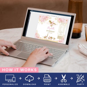 May include: A laptop computer screen displaying a pink and gold dinosaur-themed printable party favor label. The label features a pink dinosaur wearing a tutu and the text "Elizabeth's 1st Birthday 12.03.2023". The image shows a step-by-step guide on how to personalize, download, print, assemble, and party with the labels.