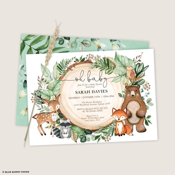 Gender Neutral Greenery Woodland Baby Shower Invitation Template. EDITABLE Forest Animals Printable Invite. Instant Download. WOOD24 Il_570xn