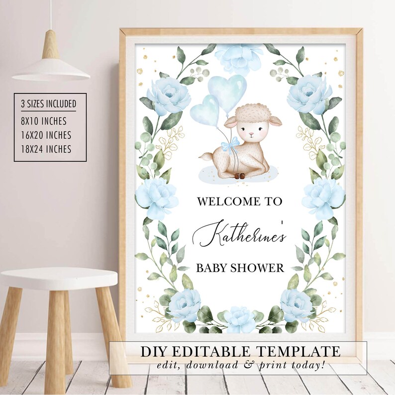May include: A printable baby shower sign with a blue and green floral wreath, a cute lamb holding blue balloons, and the text "Welcome to Katherine's Baby Shower".