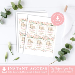 Peut inclure: Etiquettes de remerciement imprimables avec un motif floral rose et vert et une illustration mignonne de hibou. Le texte sur les &eacute;tiquettes indique "Merci d'&ecirc;tre venu et d'avoir c&eacute;l&eacute;br&eacute; avec nous Amour, [Nom] & [Nom]"