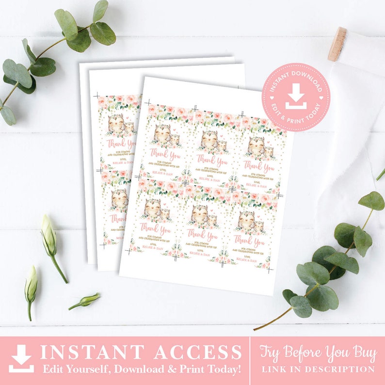 Peut inclure: Etiquettes de remerciement imprimables avec un motif floral rose et vert et une illustration mignonne de hibou. Le texte sur les &eacute;tiquettes indique "Merci d'&ecirc;tre venu et d'avoir c&eacute;l&eacute;br&eacute; avec nous Amour, [Nom] & [Nom]"
