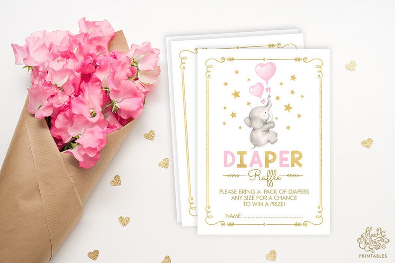 Pink Gold Elephant DIAPER Raffle. Girl Elephant Baby Shower Invitation Insert Card. Pink Heart Balloon Twinkle Little Star Printable. LP2 image 1