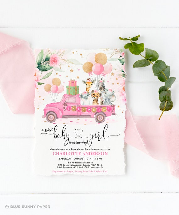 Drive By Safari Baby Shower Poster DB5 EDITABLE Girl Jungle Welcome Sign Pink Floral Wild Animals 1st Birthday Template Instant Download