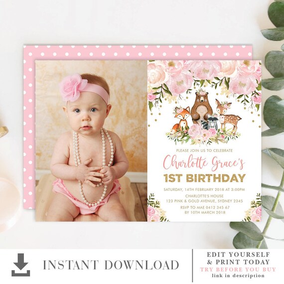 Feminine Woodland Animals 1st Birthday EDITABLE Invitation Template. Pastel Pink Gold Floral Party Printable Invite Download. FLO18G Il_570xn