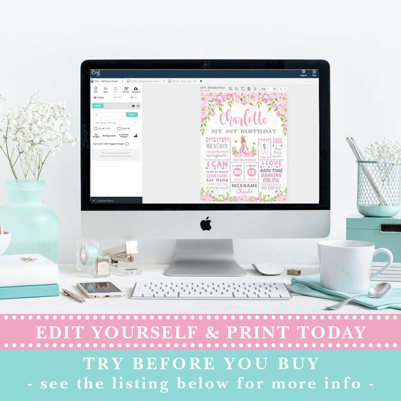 May include: A pink and green printable first birthday sign with a floral design and a princess illustration. The sign says "Charlotte, My 1st Birthday".