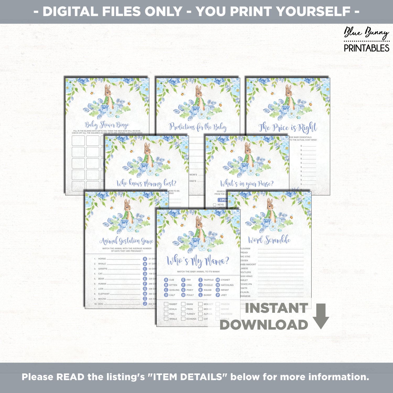Boy Rabbit Baby Shower GAMES PACKAGE. 8x Blue Floral Bunny - Etsy