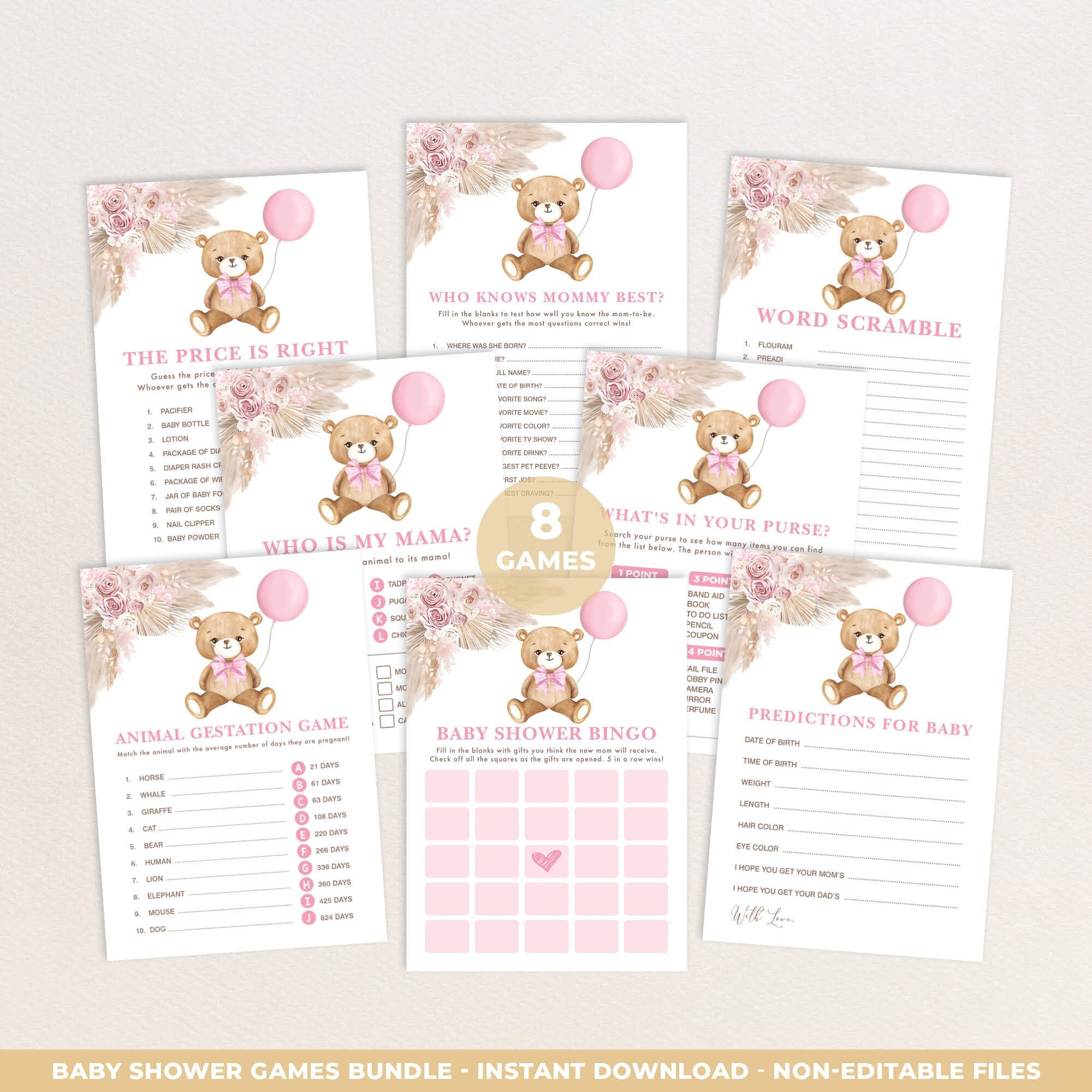 Girl Teddy Bear Baby Shower Games Bundle Dusty Pink Boho Bear Printable ...