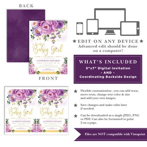 May include: Purple and gold baby shower invitation with a floral design and the text "A Sweet Baby Girl is on her way". The invitation is 5" x 7" and includes a coordinating backside design.