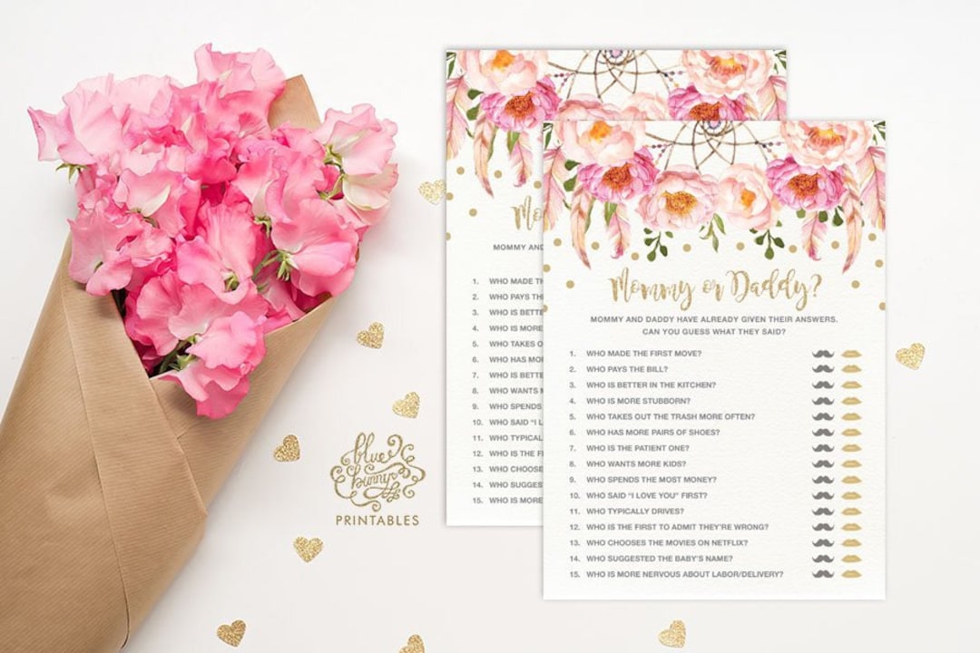 Mommy or Daddy Baby Shower Game. Pink and Gold Boho Floral - Etsy