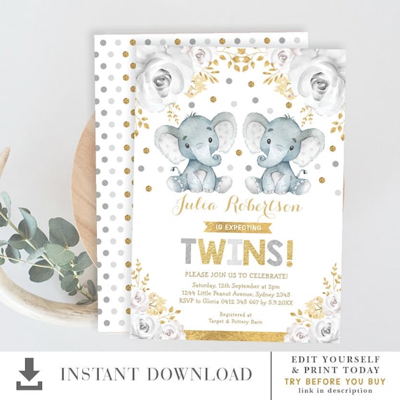twin elephant baby shower invitations
