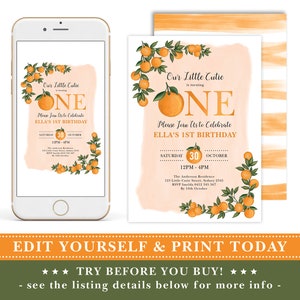 May include: A birthday invitation design featuring orange watercolor accents and orange illustrations. The invitation is displayed on a smartphone and a printed card. The text reads "Our Little Cutie is turning ONE".