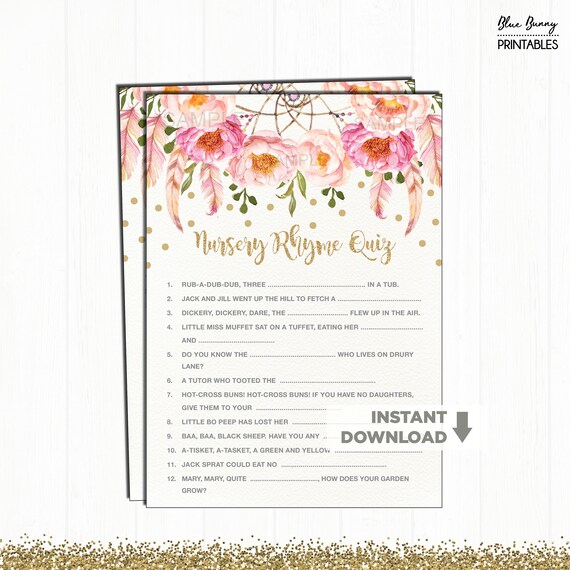 Nursery Rhyme Baby Shower Game. Boho Floral Pink and Gold Baby Shower Printable Game. Bohemian Flowers Baby Girl. Dreamcatcher. FLO12A Il_570xn