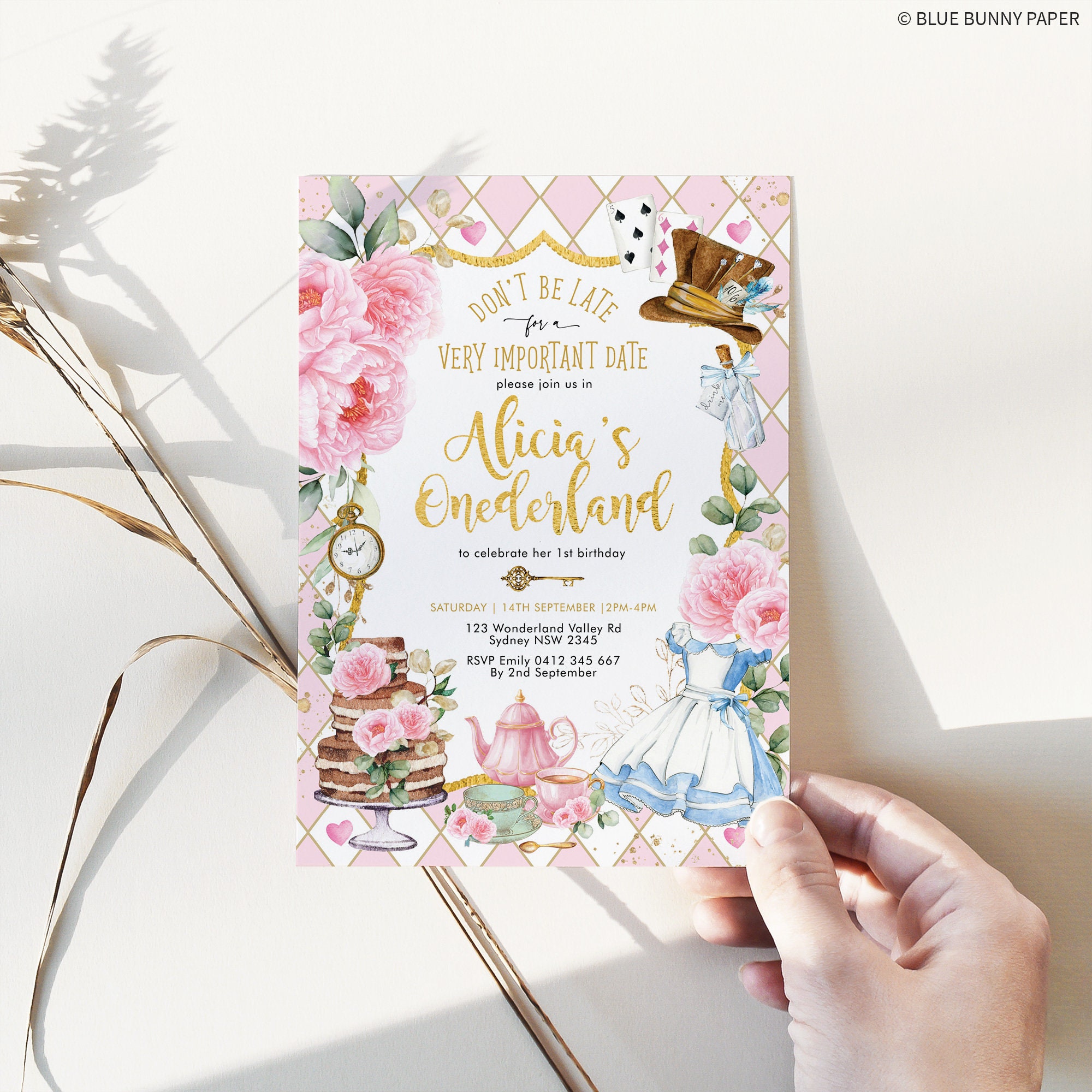 Pink Gold Alice in Wonderland Birthday Invitation Onederland - Etsy