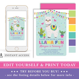 Fiesta Llama Birthday EDITABLE INVITATION. Rainbow Llama Party Invitation Template. Cute Alpaca Printable Invite. INSTANT Download. ALP3 image 2