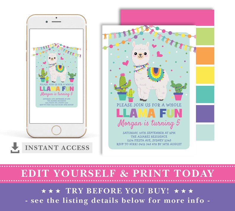 Fiesta Llama Birthday EDITABLE INVITATION. Rainbow Llama Party Invitation Template. Cute Alpaca Printable Invite. INSTANT Download. ALP3 image 2