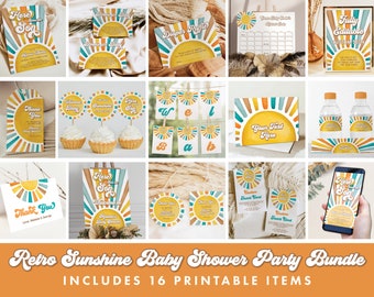 Retro Sunshine Baby Shower Invitation Bundle, Here Comes the Son Editable Templates Download, SN1