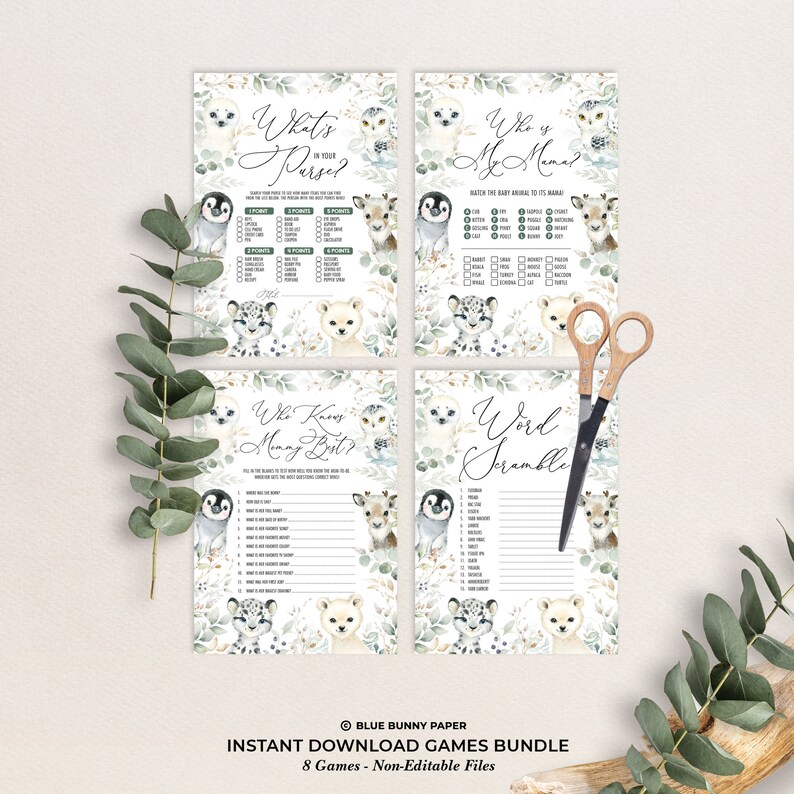May include: Printable baby shower game bundle featuring a woodland theme with cute animal illustrations. The games include "What's in Your Purse?", "Who's My Mama?", "Who Knows Mommy Best?", and "Word Scramble".