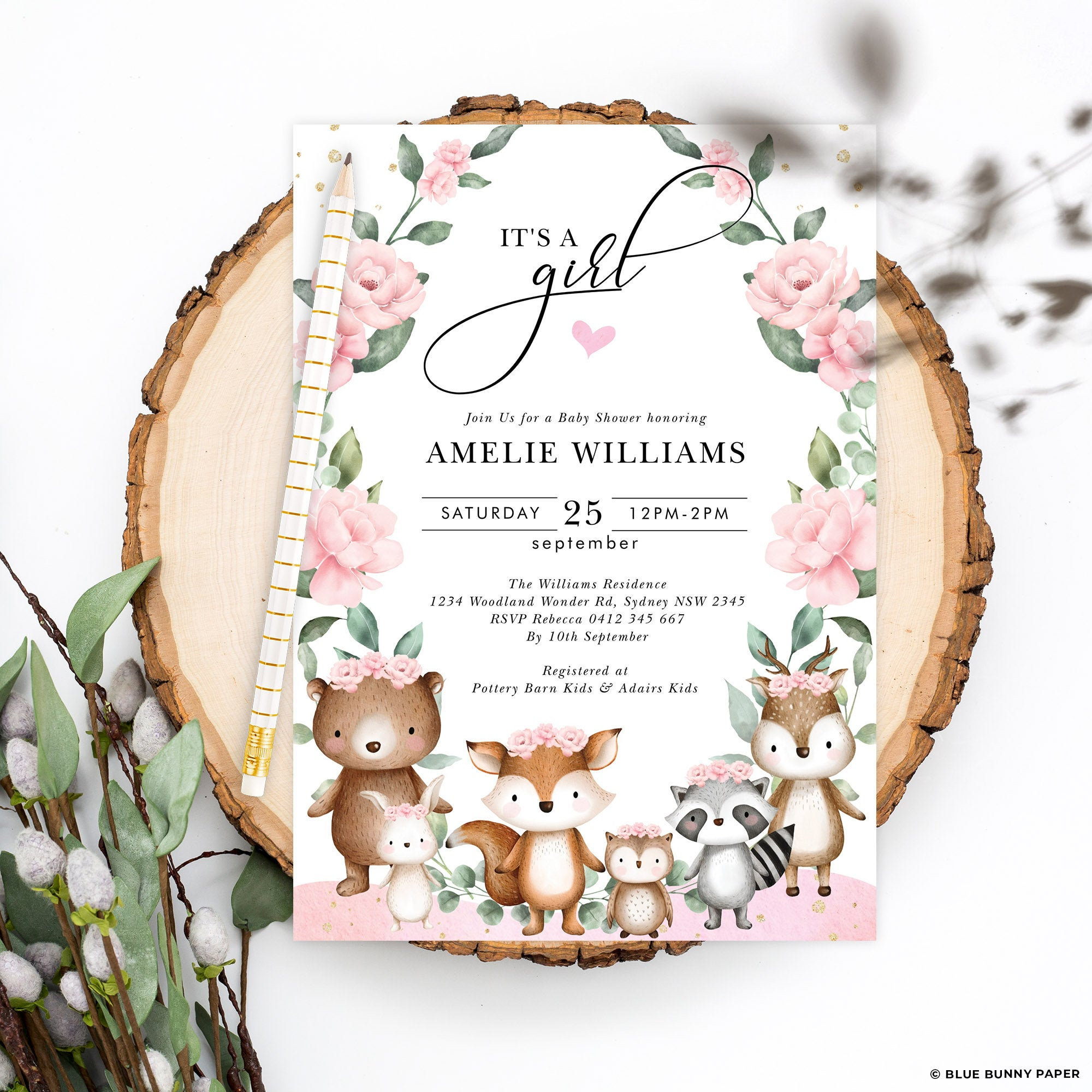 Blush Woodland Baby Shower Invitation Girl Forest Animals