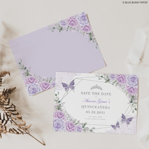May include: Purple and white floral save the date card with a silver geometric frame and butterflies. The text reads "Save the Date for Aurora Grace's Quincea&ntilde;era 05.28.2031 St Ives, NSW formal invitation to follow."
