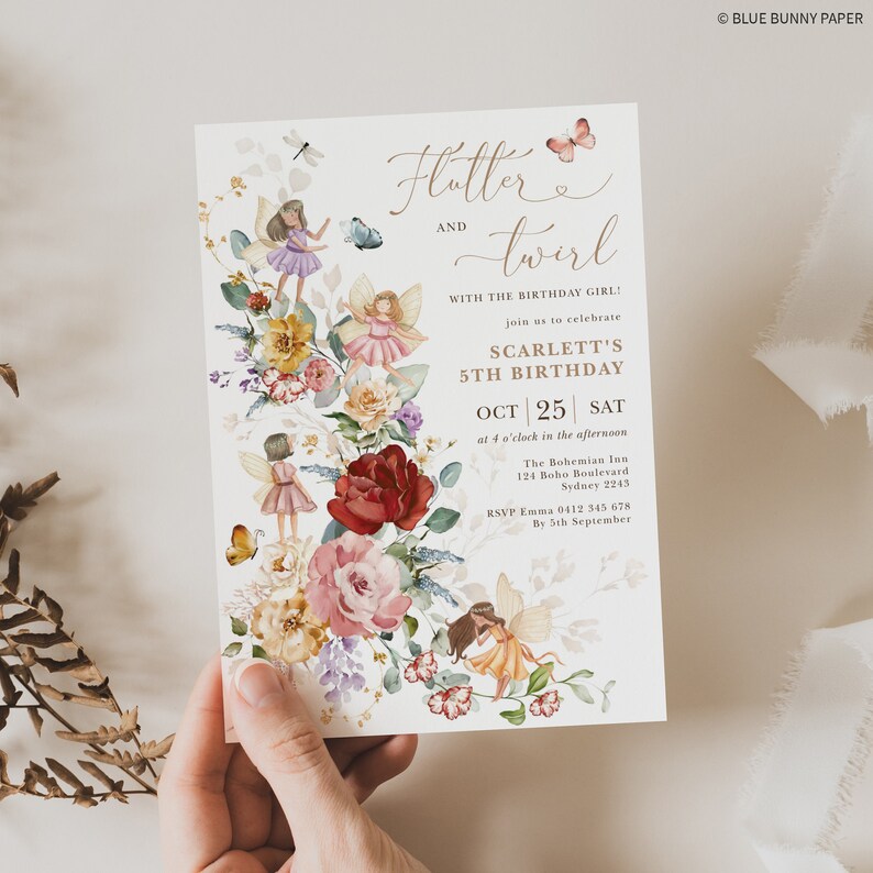 May include: A white invitation card with a floral design featuring fairies and butterflies. The text reads "Flutter and Twirl" with the details of Scarlett's 5th birthday party. The party is at The Bohemian Inn on October 25th at 4 o'clock in the afternoon. RSVP by September 5th.