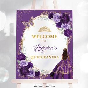 Purple Quinceanera Welcome Sign Violet Gold Mis Quince 15 Anos Editable Template Crown Princess Butterflies 15th Birthday Download FLO9