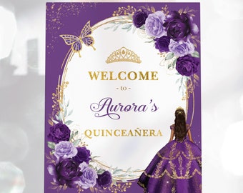 Purple Quinceanera Welcome Sign Violet Gold Mis Quince 15 Anos Editable Template Crown Princess Butterflies 15th Birthday Download FLO9