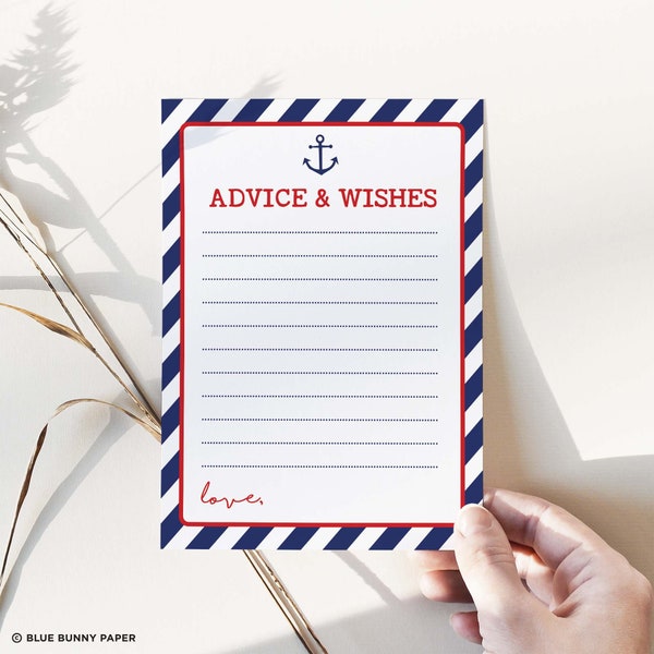 Nautical Advice and Wishes Cards, Anchor Baby Shower Game, Navy Blue Red Nautical Printable Game, Instant Download, NAU1