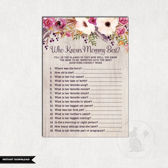 Who Knows Mommy Best. Bohemian Floral Baby Shower Printable Game. Rustic Boho Flower Baby Shower Games. Feather Baby Game. High Tea. FLO2 Il_570xn