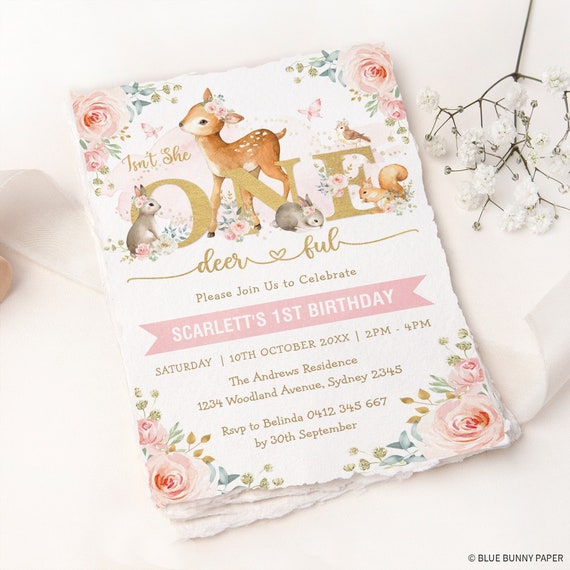 EDITABLE Girl Woodland 1st Birthday Invitation Template, Blush Pink Gold Forest Animals Party Invite, Deer Bunny Pink Gold Printable, WOOD16 Il_570xn
