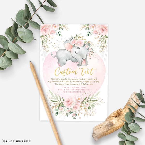 EDITABLE Girl Elephant Registry Insert Card Template, Blush Pink Flower Baby Shower Enclosure Card, Wild One INSTANT DOWNLOAD, EL17