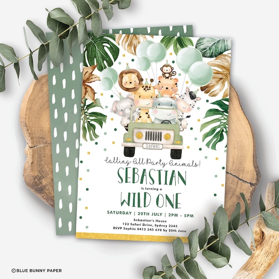 SAF3 Birthday Party Favor Download Wild Animals Baby Shower Printable Tropical Jungle Thank You Card Greenery Safari EDITABLE TEMPLATE