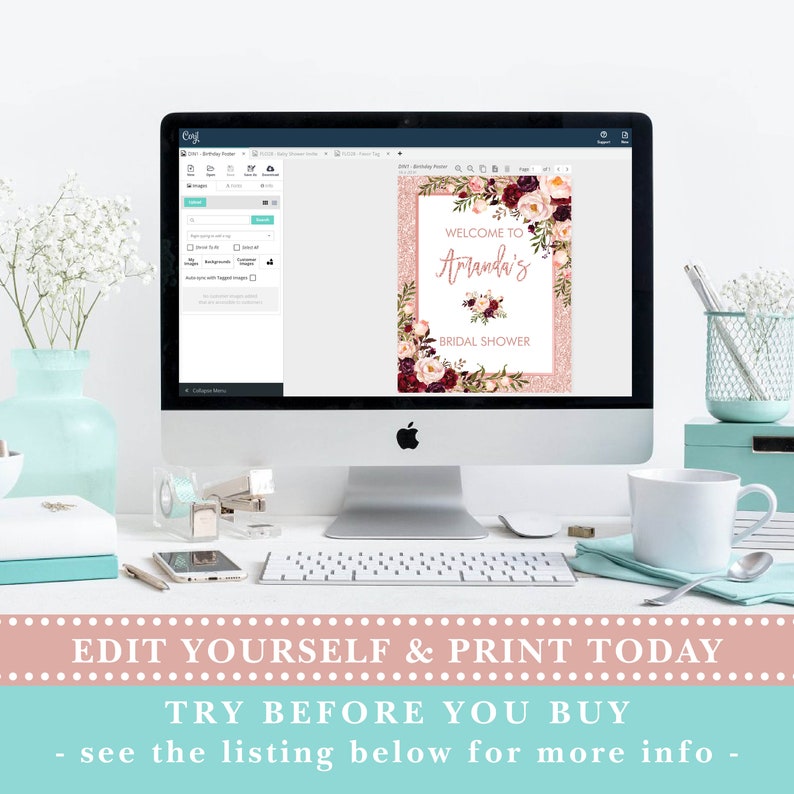 May include: Editable printable bridal shower sign with a pink glitter background and floral design. The text reads "Welcome to Armanda's Bridal Shower".