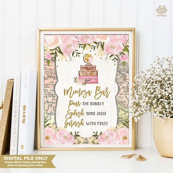 Vintage Traveling Mimosa Bar Sign. Blush Pink Floral Bridal Shower Decoration. Travel Wedding Decor. Around the World Bridal Shower. TRA1 Il_570xn