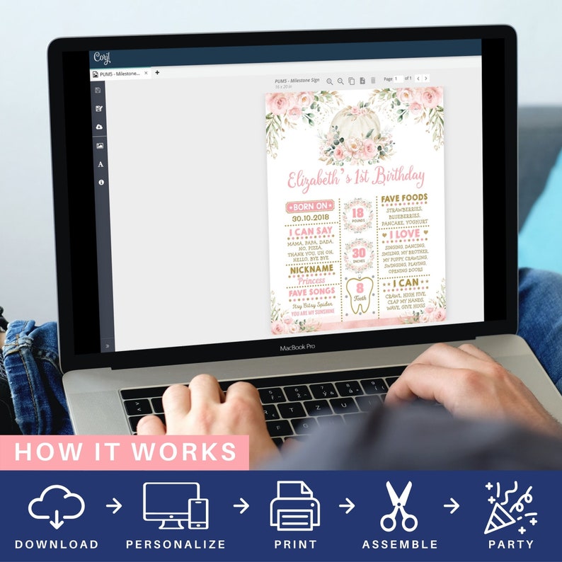 May include: A printable first birthday milestone sign with a pink and green floral design. The sign features a tooth graphic and includes details like the child's name, birthdate, favorite foods, and things they can do. The text on the sign reads "Elizabeth's 1st Birthday".
