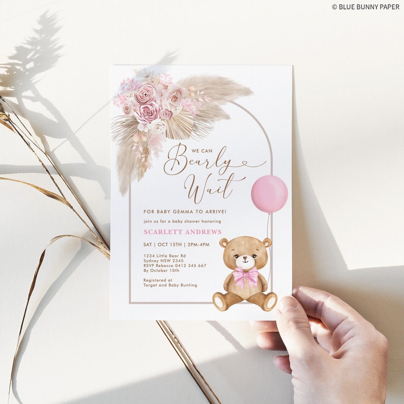 Pink Boho Teddy Bear Baby Shower Invitation Pampas Girl Bear Baby ...