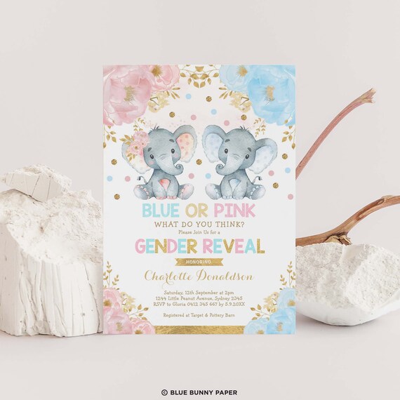 EDITABLE Elephant Gender Reveal Invitation Blue or Pink Etsy
