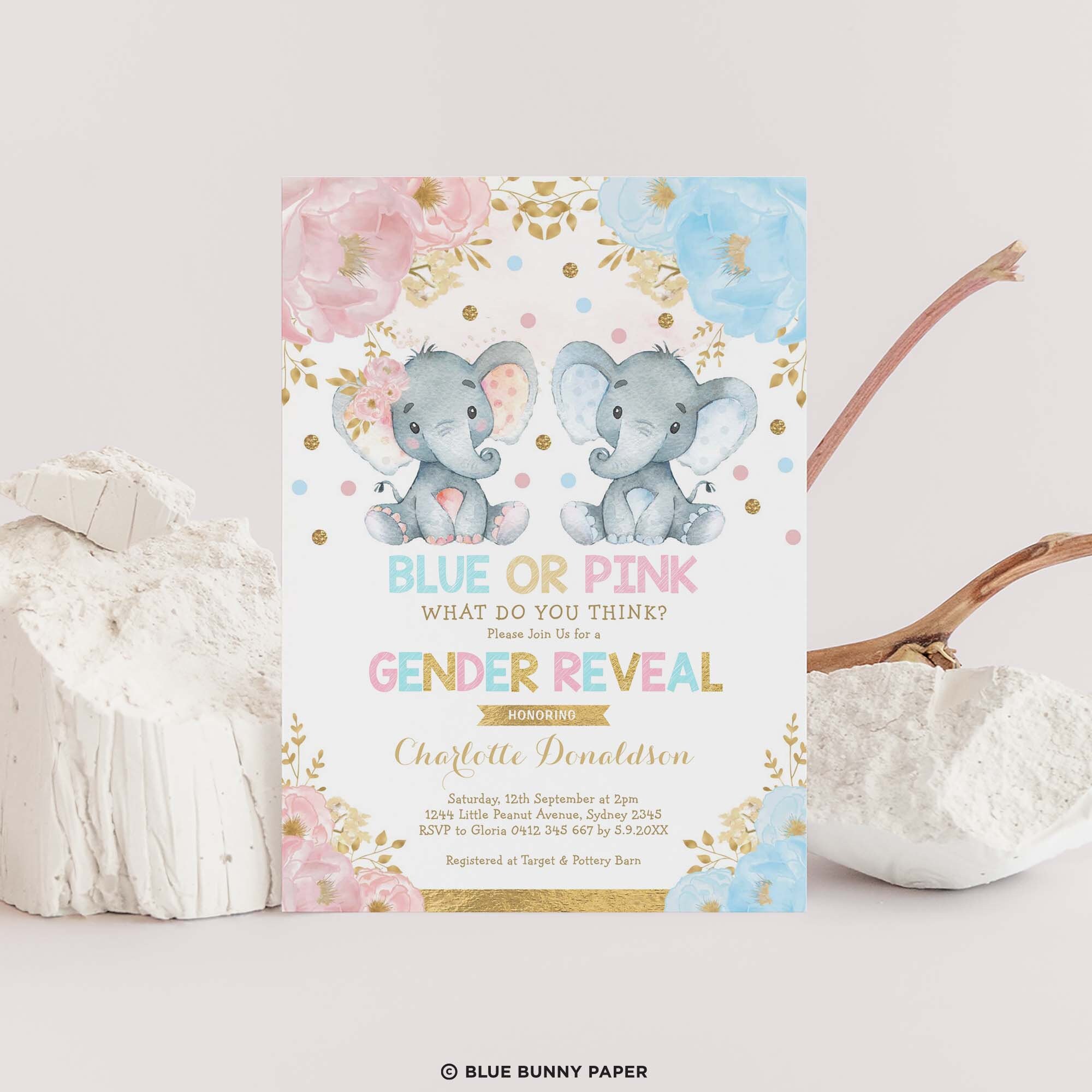 EDITABLE Elephant Gender Reveal Invitation Blue or Pink Etsy