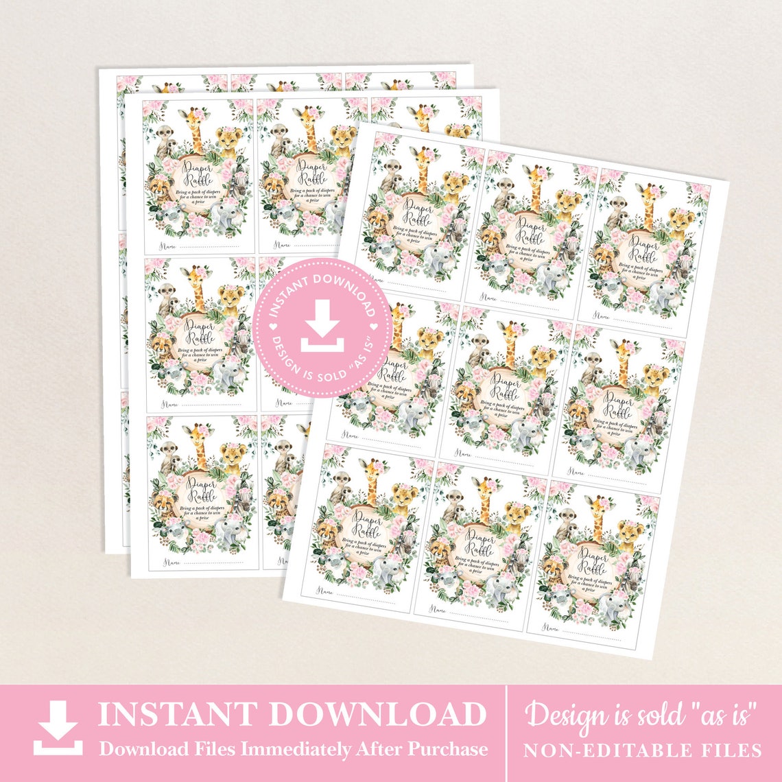 Girl Safari Diaper Raffle Printable Jungle Animals Baby | Etsy