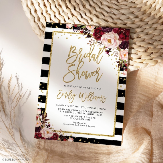 Glam Bridal Shower Invitation. Black Gold Glitter Wedding Shower Invite. Burgundy Blush Pink