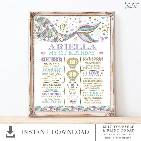 DIY Mermaid Birthday Milestone Sign. Under the Sea First Birthday Party EDITABLE TEMPLATE. Beach Mermaid 1st Birthday Instant Download. MER7 Il_570xn
